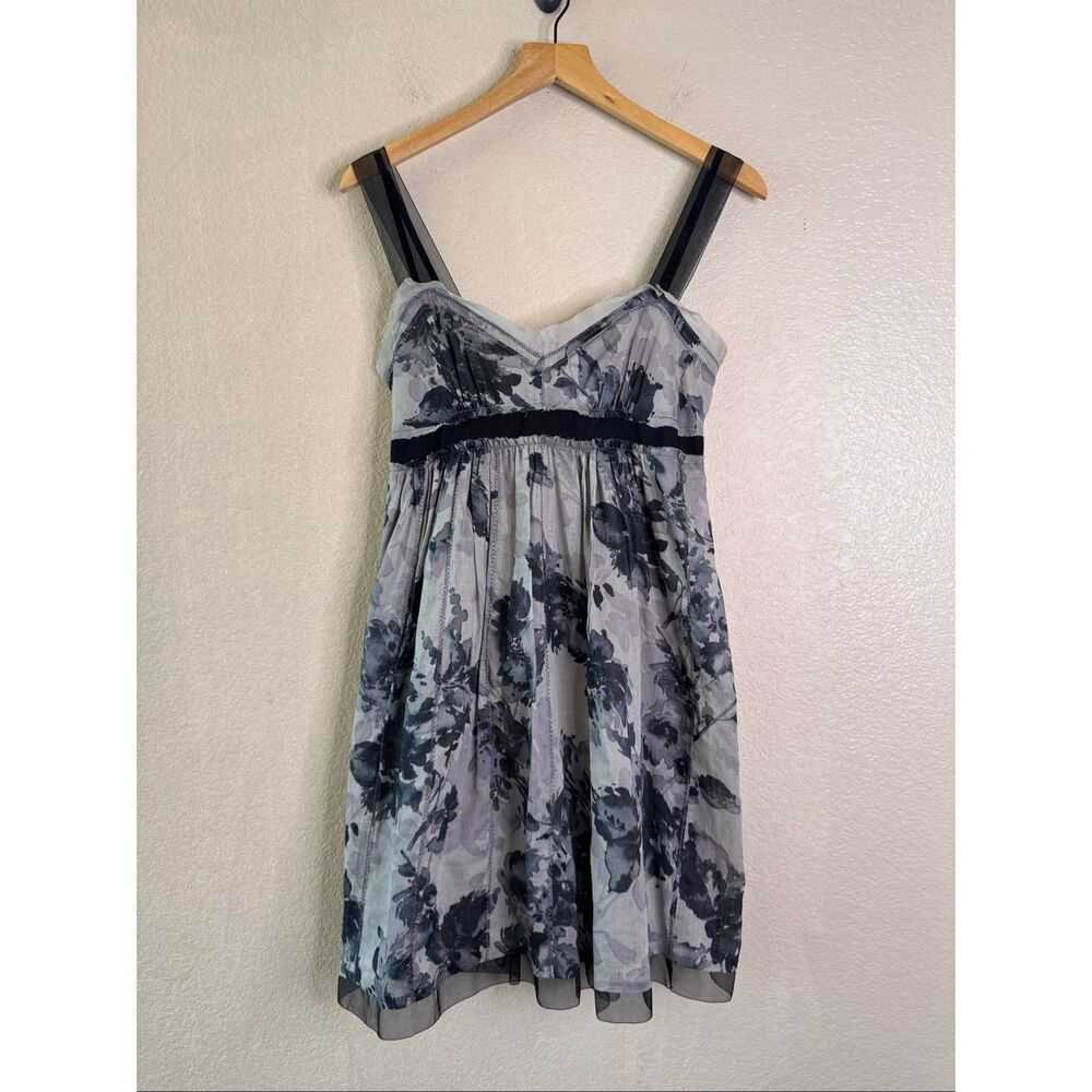 Ann Taylor LOFT Empire Waist Dress Gray Black Floral Sz 2 Whimsigoth Dark Fairy